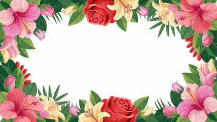 Vibrant Tropical Floral Border with Roses Lilies and Hibiscus