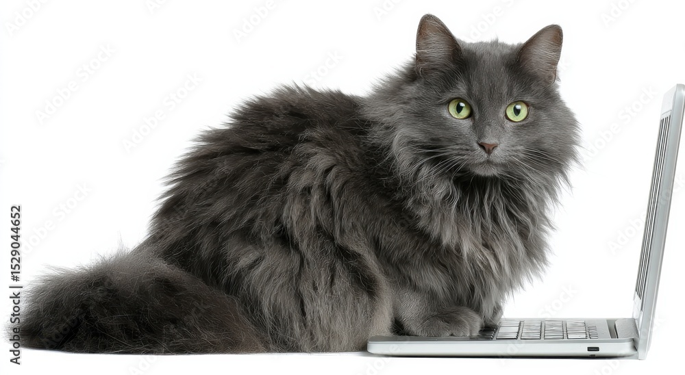 Poster gray fluffy cat typing on laptop keyboard, symbolizing remote work and digital literacy skills in mo