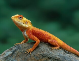 Orange Garden Lizard Perched on Rock Against Green Backdrop, Symbolizing Wildlife Conservation and Environmental Awareness Campaigns : Generative AI