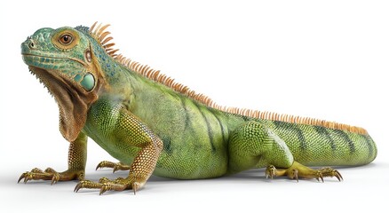 Fototapeta premium Green Iguana Resting on White Background, Showcasing Wildlife Conservation and Reptile Education for Nature Enthusiasts : Generative AI