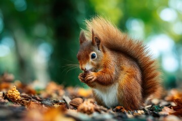 Obraz premium Red Squirrel Eating Nut in Forest, Showcasing Wildlife Conservation and Environmental Awareness With Natural Beauty : Generative AI