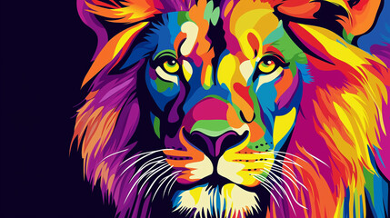 A colorful lion in pop art style, bursting with vibrant hues and bold geometric patterns that capture dynamic energy.
