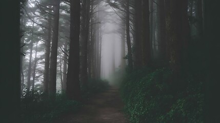 Obraz premium Ethereal path through a foggy forest
