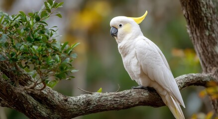 Fototapeta premium Sulfur Crested Cockatoo Perched on Branch, Symbolizing Wildlife Conservation and Avian Beauty in Natural Habitat : Generative AI