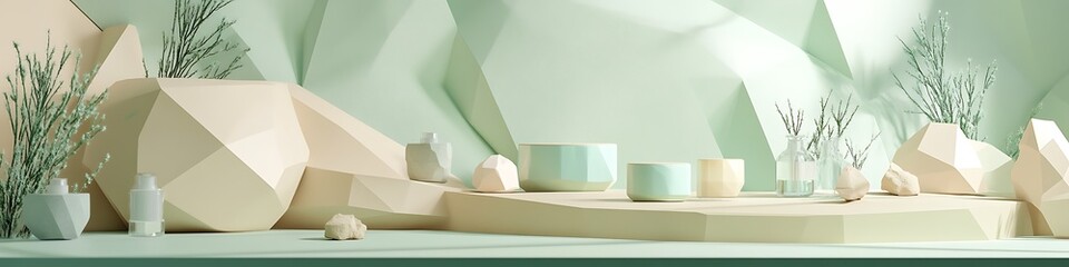 Beige and mint green soft polygonal 3D room with organic product presentation