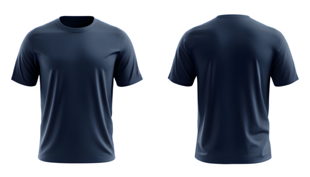 Navy blue t-shirt mockup, front and back, 3d rendered isolated on transparent background
