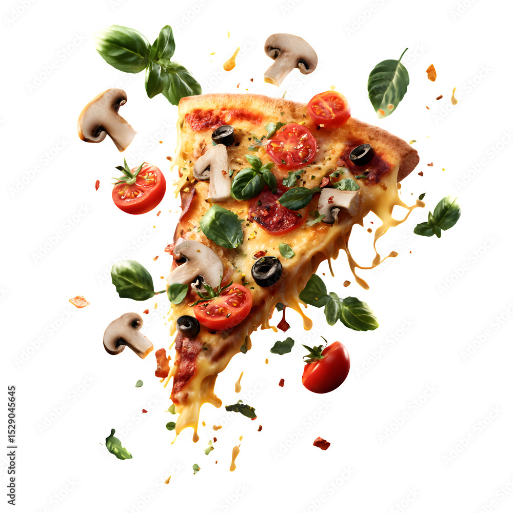 Poster exploding pizza slice 3d rendered isolated on transparent background