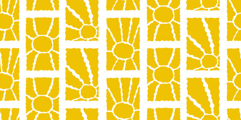Groovy Sun Seamless Pattern Set. Vector Wavy Geometric Sunshine in 60s, 70s. Retro Abstract Background in Freehand Hippie Style for design, wrapping paper and fabric printing