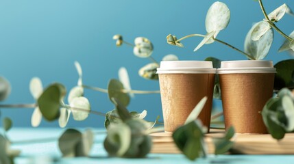 Two disposable paper cups stand harmoniously amidst lush greenery, symbolizing refreshment and sustainability in a peaceful, natural environment.