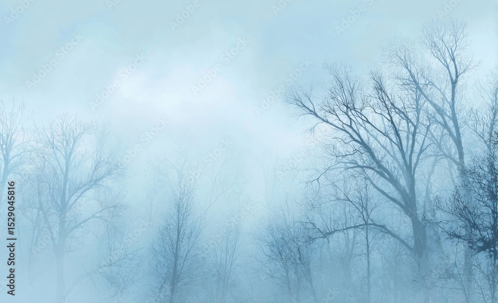 Poster bare trees in dense fog, representing winter solitude and environmental awareness for a nature campa