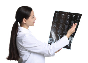 Doctor examining MRI scan on white background