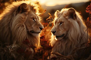 Two magnificent lions gazing into each other's eyes as the golden sunset casts a warm glow over them, symbolizing strength, loyalty, and the beauty of nature.