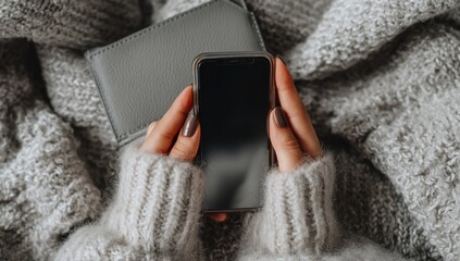 Woman Holding Smartphone in Cozy Sweater, Representing Digital Lifestyle and Connection, Perfect for Mobile App Marketing and Social Media Engagement : Generative AI