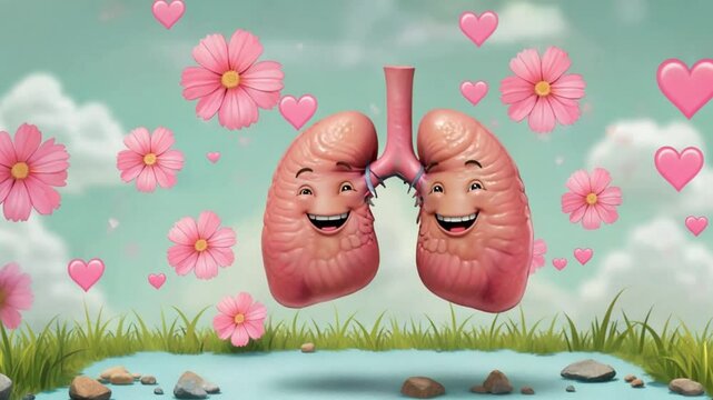 Happy Lungs Animated Character Surrounded by Pink Flowers and Hearts Peaceful Nature Scene | World Bronchiectasis Day 