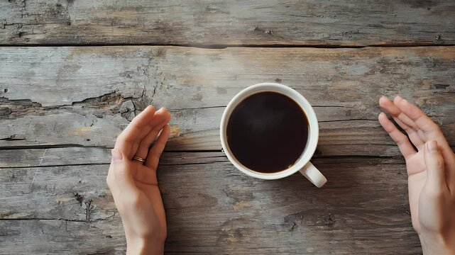 Coffee mug centered on a wooden table with two hands framing it