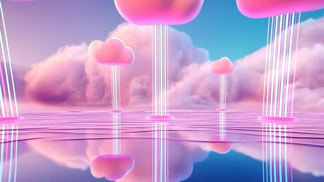 Surreal pink clouds rain over futuristic digital landscape with reflective waters