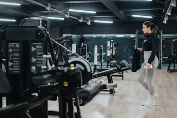Fototapeta premium A young woman wearing athletic clothes stands in a modern gym, surrounded by professional fitness equipment as she gets ready for a workout session.