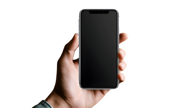 Hand holding blank smartphone mockup isolated on transparent background