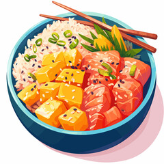 Colorful Tropical Poke Bowl with Salmon and Mango &ndash; Vector Art