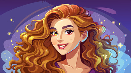 A beauty model girl with long curly hairstyle smiles softly. This beautiful woman’s profile glows with shiny wavy hair, blending timeless fashion, perfect cosmetics, and elegant everyday makeup.