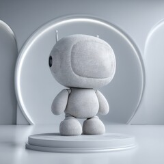 Clean 3D mockup of a futuristic wool robot, with a soft wool exterior, designed in a minimalist setting.