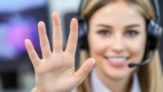 Friendly Support: A professional customer service representative, radiating warmth, gestures a friendly greeting in a close-up shot. Expressing welcoming in a supportive and attentive manner.