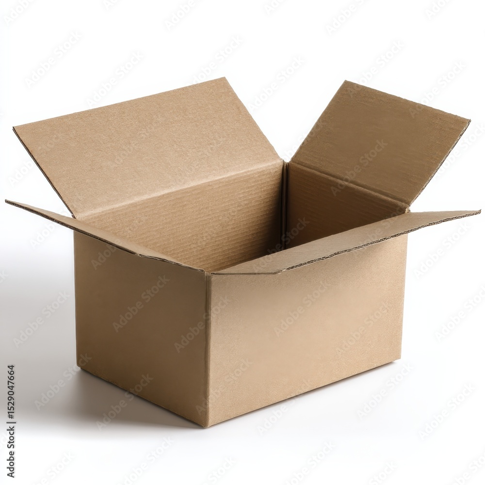 Poster open cardboard box on white backdrop, symbolizing opportunity and unboxing experience for e-commerce