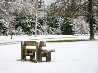 An empty bench covered by fresh snow. Canterbury. South Island.