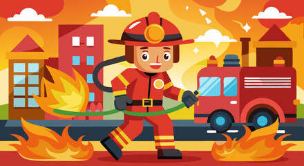 Obraz premium Brave Firefighter Battling Flames with Hose – Vector Illustration