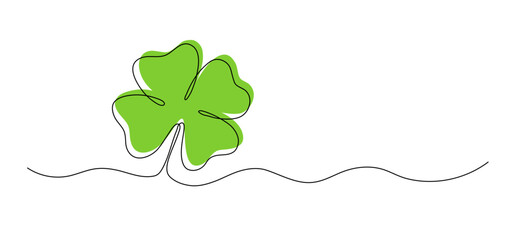 Clover with green color one line drawing, symbol of St. Patrick's Day continuous line isolated sketch, border