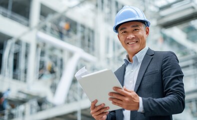 Smiling Asian Engineer With Hard Hat Holding Documents on Construction Site, Representing Project Leadership and Infrastructure Development : Generative AI
