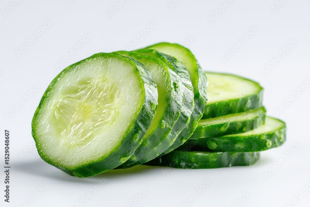 Poster stack of fresh cucumber slices on white background, ideal for promoting healthy eating and dieting :