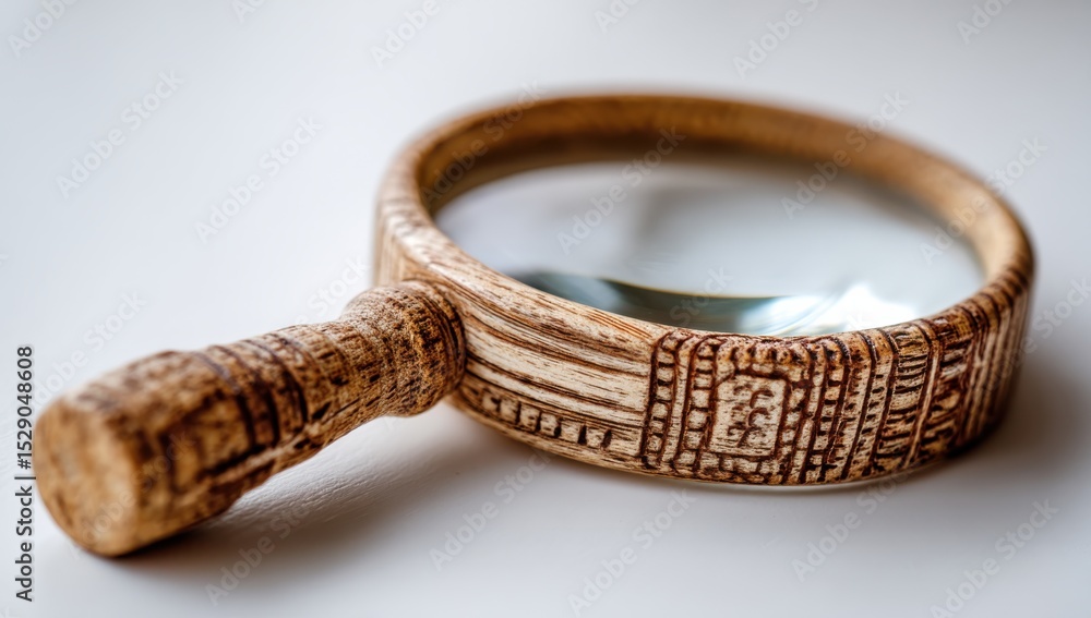 Poster magnifying glass with carved wooden handle on white surface, symbolizing investigation and detail-or