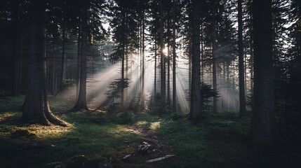 Sunbeams through a dark woodland forest