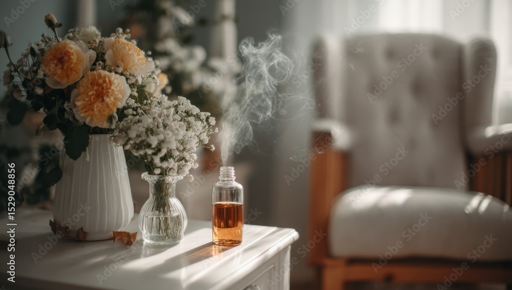 Aufkleber aromatic oil diffuser with flowers on table, evoking relaxation and self care in a peaceful home set