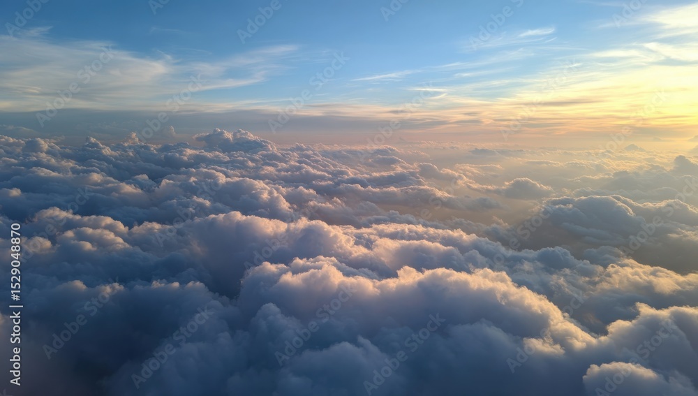 Poster aerial view of fluffy clouds at sunset, representing tranquility and environmental awareness for tra