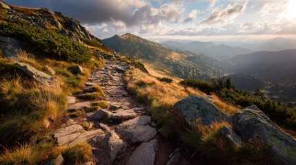 Obraz premium Picturesque mountain landscape photo. A stone path winds through hills to a distant peak. Ideal for travel, adventure, and nature-themed projects. Perfect for websites, brochures, and magazines.