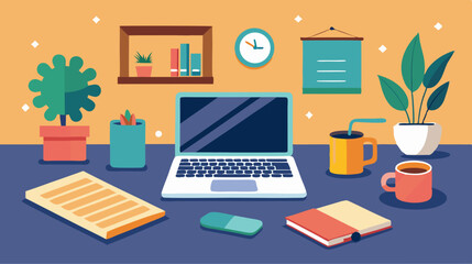 Cozy Home Office Workspace with Laptop, Coffee, and Plants &ndash; Flat Vector Illustration