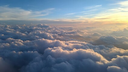 Aerial View of Fluffy Clouds at Sunset, Representing Tranquility and Environmental Awareness for Travel and Inspirational Projects : Generative AI
