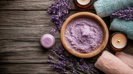 A tranquil arrangement of lavender spa essentials including a relaxing scrub, soft towels, and candles, creating a calming atmosphere perfect for self-care and relaxation.
