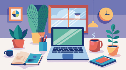 Cozy Home Office Workspace with Laptop, Coffee, and Plants – Flat Vector Illustration