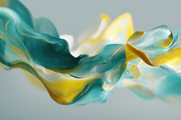 Liquid rectangular shapes in shades of teal and yellow form an abstract pattern across a soft, light gray backdrop.