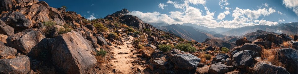 Panoramic view of a rocky mountain trail.  Ideal for travel, adventure, and nature-related projects.  Use in websites, brochures, and publications.