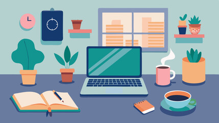 Cozy Home Office Workspace with Laptop, Coffee, and Plants – Flat Vector Illustration