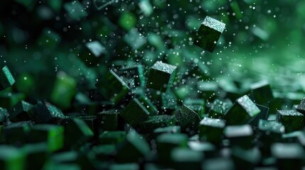 An abstract representation of green blocks appearing to float in a dynamic environment, complemented by sparkling water droplets, symbolizes creativity and innovation.