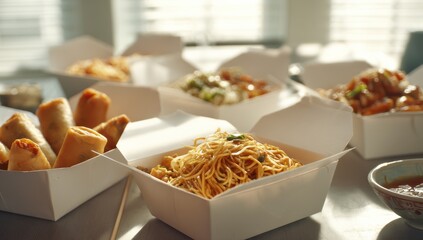 Variety of Takeout Food in Boxes on Table, Representing Convenience and Culinary Exploration for Food Delivery Services : Generative AI