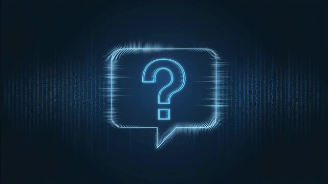 A glowing question mark inside a message bubble with flowing digital data. Usable for intros or transitions emphasizing questions answers and information.