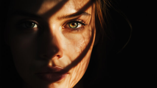 A woman's face is dramatically split between shadow and light, revealing a striking contrast of mystery and clarity.
