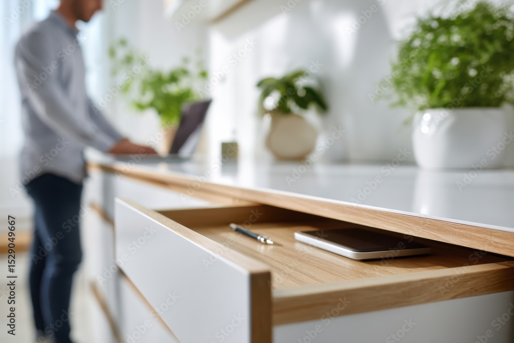Poster man working from home on laptop with open drawer, representing modern lifestyle and productivity, wi