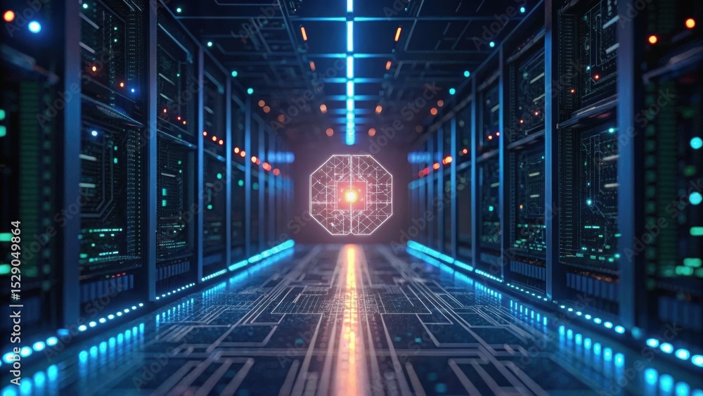 Poster futuristic corridor with glowing blue lights and intricate circuit patterns, suggesting advanced tec